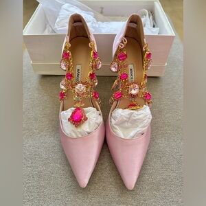 Manolo Blahnik Pink Satin Zullin Crystal Jeweled Pointed Toe D'orsay Pumps Size7